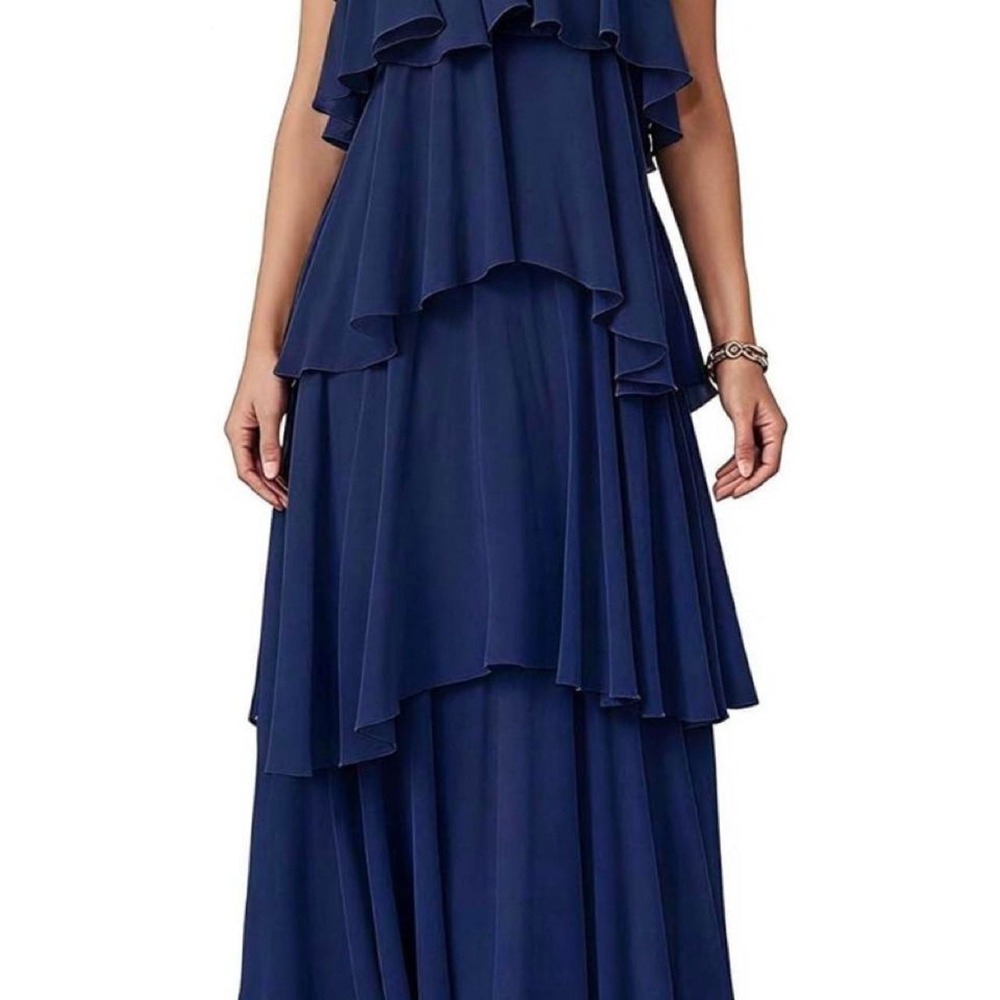 SOLY HUX Womens Navy Halter Backless Ruffle Maxi Dress Small Tiered Evening Gown